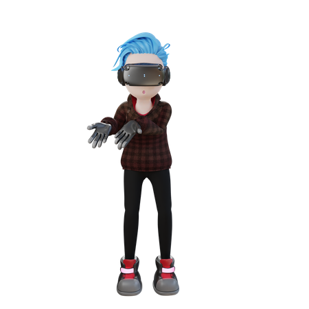 Boy with VR googles showing something 3D Illustration