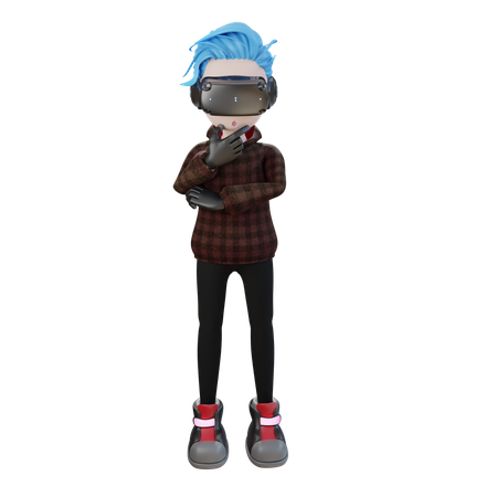 Boy with VR googles thinking something 3D Illustration