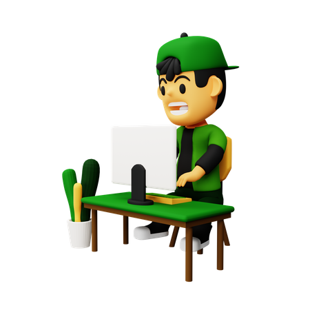 Boy working on computer  3D Illustration