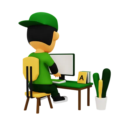 Boy working on computer 3D Illustration