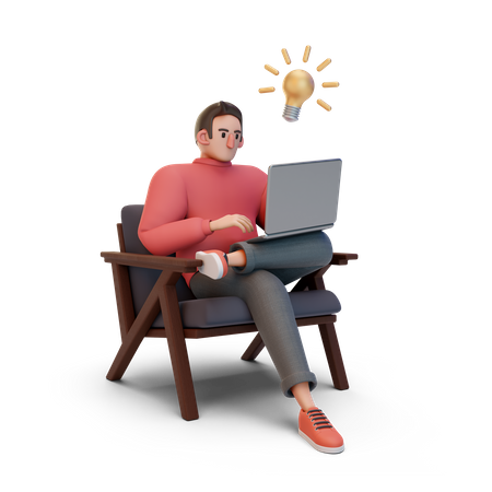 Boy working on laptop with idea  3D Illustration