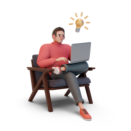 Boy working on laptop with idea 3D Illustration