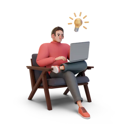 Boy working on laptop with idea  3D Illustration