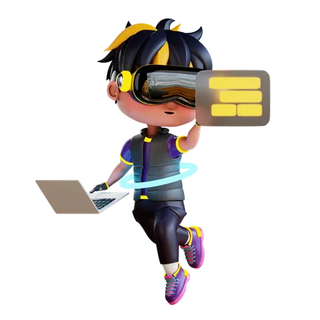 3 D Cute Boy Work With VR Experience 3D Illustration