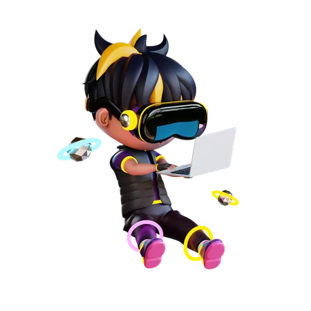 3 D Cute Boy Work On Laptop With VR 3D Illustration