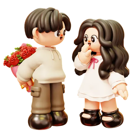 Cute Cartoon 3 D Young Couple Character In Love Boyfriend Holding Rose Bouquet In His Back And Surprise To Girlfriend Happy Love Couple In Relationship Activities Relationship Romance Dating Happy Valentine Day And Anniversery 3D Illustration