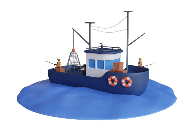 Boys fishing on the boat  3D Illustration