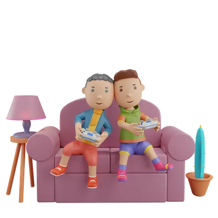 Boys playing video game  3D Illustration