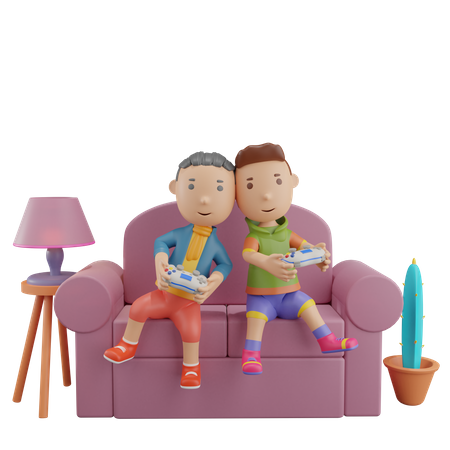 Boys playing video game 3D Illustration