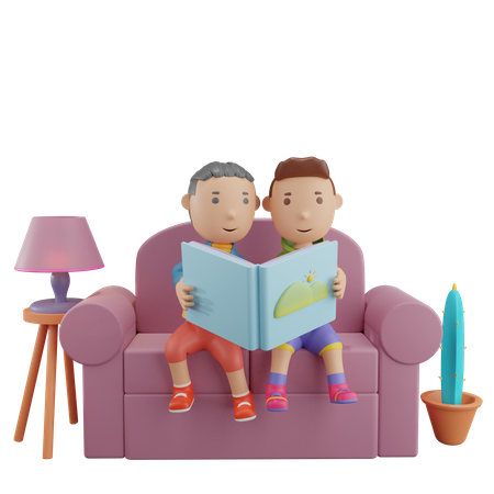 Boys reading story book  3D Illustration