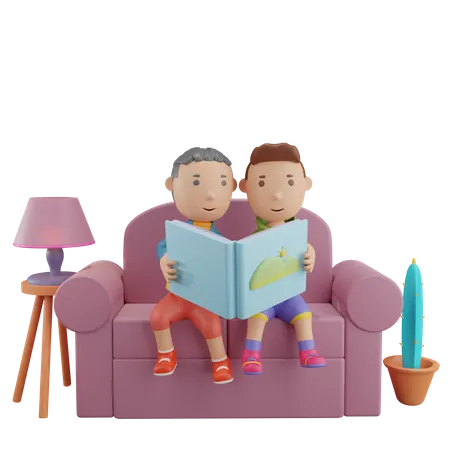 Boys reading story book  3D Illustration