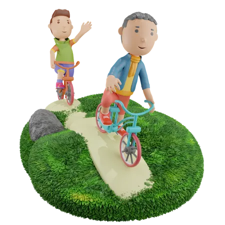 Boys riding bicycle 3D Illustration