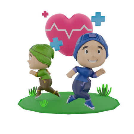 Boys running on health day  3D Illustration