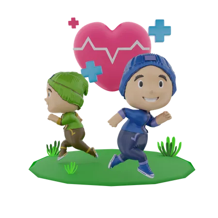 Boys running on health day  3D Illustration