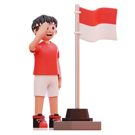 Boys Salute The Indonesian Flag  3D Illustration