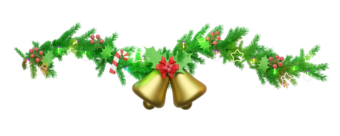 Decorated With Branches Of Pine Trees Jingle Bell Candy Cane Red Bow Holly Berry Leaves Clear Glass Lantern Garlands Star Merry Christmas And Happy New Year 3 D Render Illustration 3D Icon