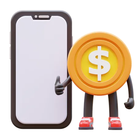 Money Coin Character Presenting Blank Smartphone Screen 3D Illustration
