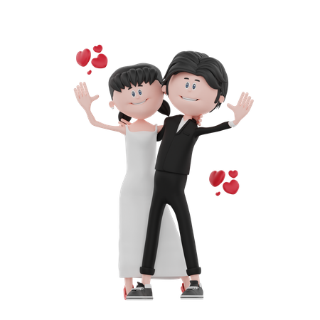 Braut und Bräutigam winken mit der Hand  3D Illustration