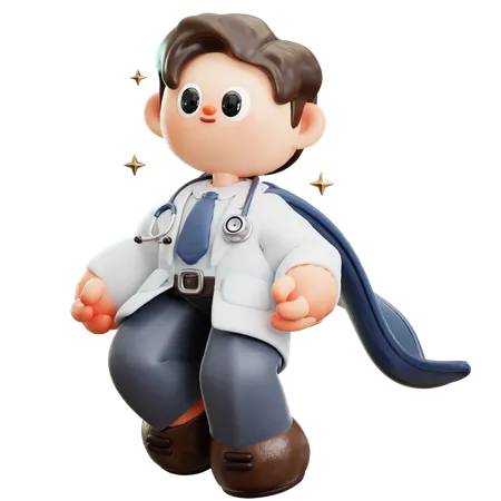 Brave Doctor Hero Superhero Floating In The Air Ready For Coronavirus Pandemic Epidemic Diseases Illness 3 D Cute Cartoon Character Smiling Male Doctor With Stethoscope Concept Of Science Medical Health Healthcare Insurance National Doctors Day 3D Illustration