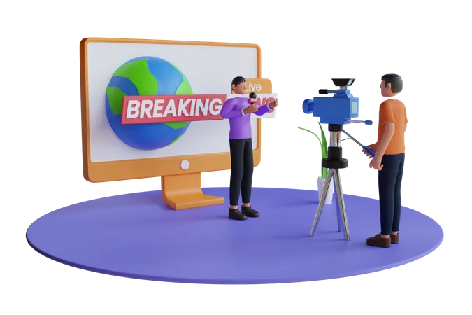 3 D Man Holding A Microphone With Reporting News And Cameraman Shooting For Breaking News Television Presenter In Front Telling Breaking News 3 D Illustration 3D Illustration