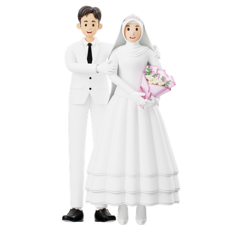 寄り添って抱き合う新郎新婦  3D Illustration