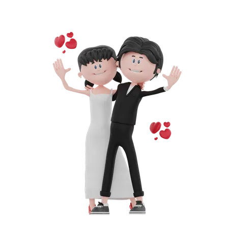 Bride and groom waiving hand 3D Illustration