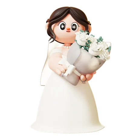 Cute 3 D Cartoon Bride Holding A White Rose Bouquet Couple In Love Wedding Marriage Valentines Day Love And Romantic Concept 3D Illustration