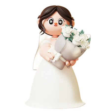 Bride Holding White Rose Bouquet  3D Illustration