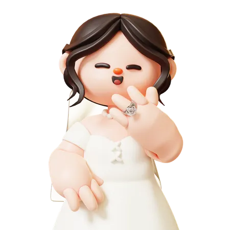 Cute 3 D Cartoon Bride Show Off Wedding Diamond Ring On Finger On Their Big Day Couple In Love Wedding Marriage Valentines Day Love And Romantic Concept 3D Illustration