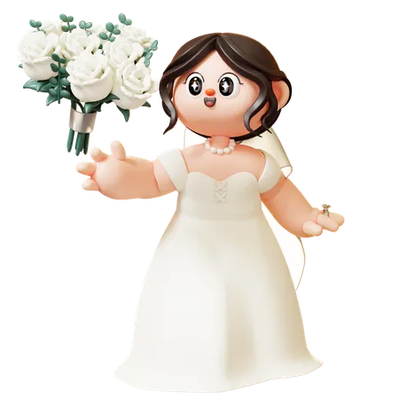 Cute 3 D Cartoon Bride Throwing Bouquet Flower To Bridesmaids Wedding Guests In Wedding Couple In Love Wedding Marriage Valentines Day Love And Romantic Concept 3D Illustration