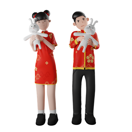 Crianças chinesas segurando brinquedo de coelho  3D Illustration