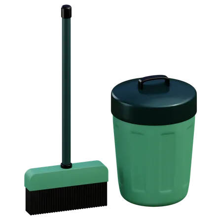 3 D Broom And Dustbin Illustration With Transparent Background Isolated Design 3D Icon