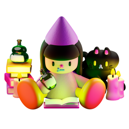 Bruja Con Gato Libros Pociones Velas  3D Illustration