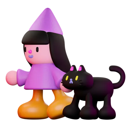 Bruja y gato caminando  3D Illustration