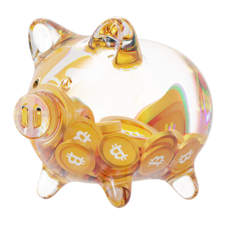 BTC-Sparschwein aus klarem Glas mit abnehmendem Stapel an Kryptomünzen  3D Icon