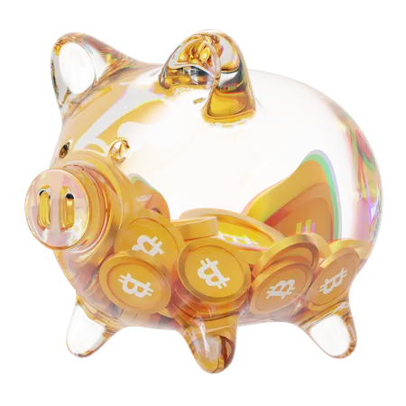 BTC-Sparschwein aus klarem Glas mit abnehmendem Stapel an Kryptomünzen  3D Icon