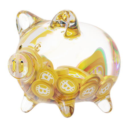 Btg Clear Glass Piggy Bank With Decreasing Piles Of Crypto Coins  3D Icon