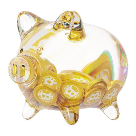 Btg Clear Glass Piggy Bank With Decreasing Piles Of Crypto Coins  3D Icon