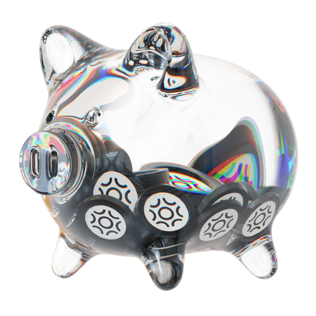 Btrst Clear Glass Piggy Bank With Decreasing Piles Of Crypto Coins  3D Icon