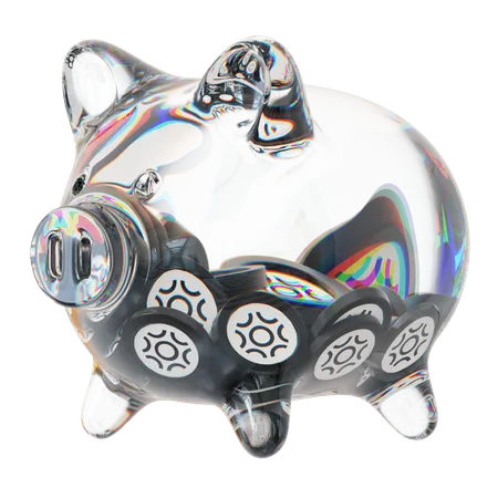 Btrst – Sparschwein aus klarem Glas mit abnehmendem Stapel an Kryptomünzen  3D Icon