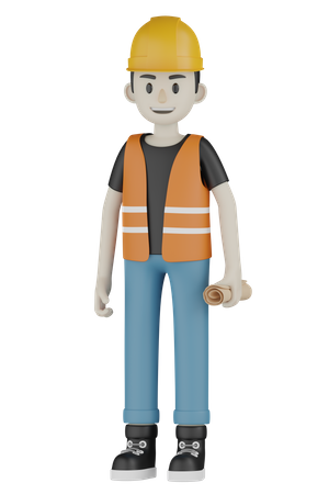 Builder Holding Blueprint  3D Illustration