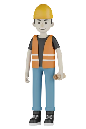 Builder Holding Blueprint  3D Illustration