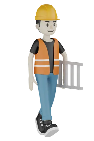Builder Holding Ladder 3D Illustration