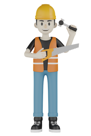 Builder Holding Saw  3D Illustration