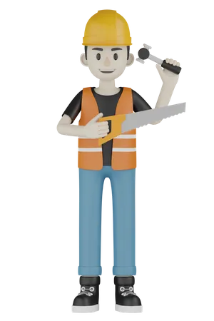 Builder Holding Saw  3D Illustration