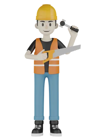 Builder Holding Saw 3D Illustration