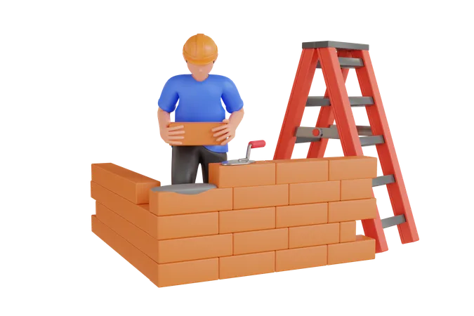 3 D Illustration Of Builder Making Brick Wall Builder Laying Bricks On Construction Site 3D Illustration