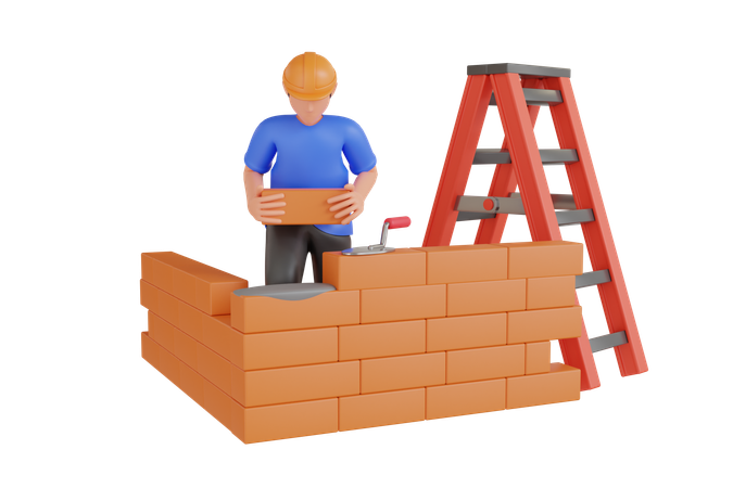 Builder Making Brick Wall  3D Icon