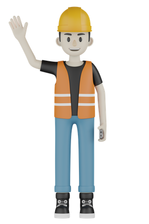 Builder Waving Hand 3D Illustration