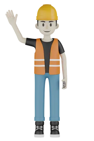 Builder Waving Hand 3D Illustration